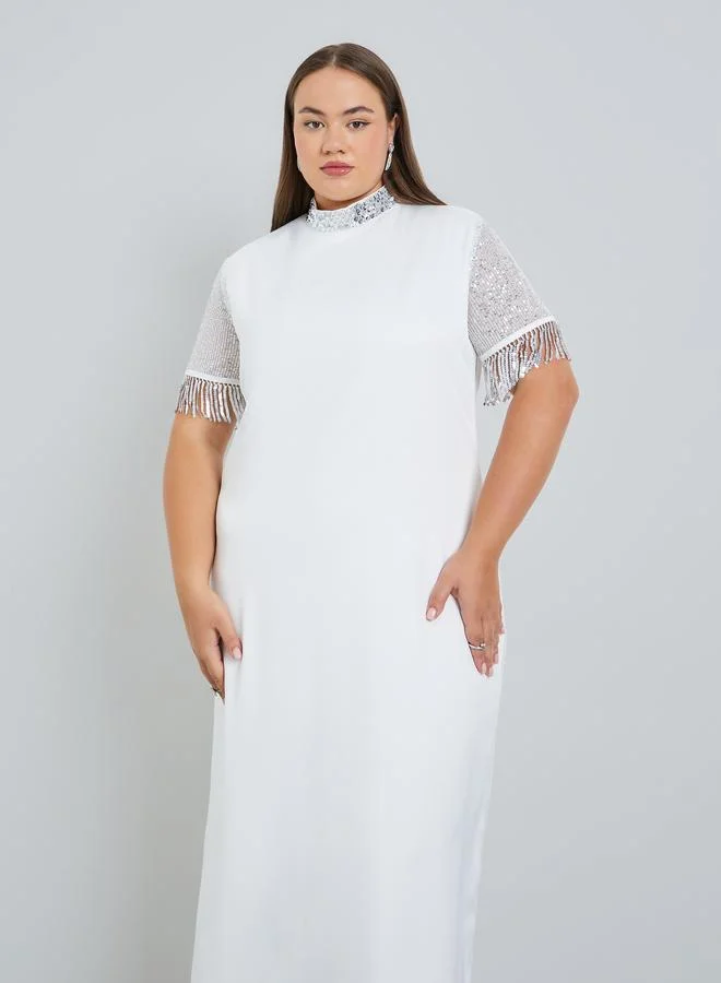 Styli Plus Size Off-White Embellished Shift Maxi Dress